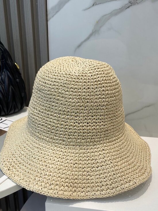 ?Miu Miu? Beige - Straw Fisherman\'s Hat - Brown Single-Line Small Letters
